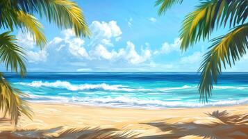 A serene beach scene with gentle waves and palm trees under a bright blue sky photo