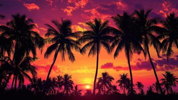 A vibrant sunset over a tropical landscape with silhouetted palm trees photo