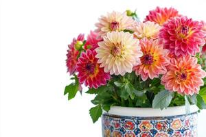 A vibrant bouquet of dahlias in a decorative pot, showcasing colorful flowers photo