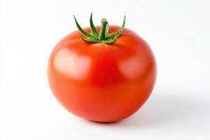 A ripe red tomato with green leaves on top, showcasing its freshness and color photo