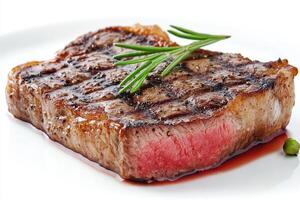 A perfectly cooked steak garnished with herbs, showcasing its juicy texture and grill marks photo