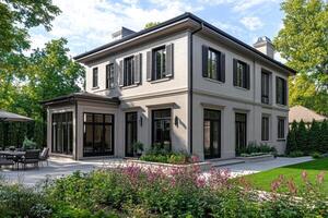 A modern two-story house surrounded by greenery and flowers photo