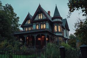 A beautifully detailed Victorian-style house surrounded by greenery and an ornate fence photo