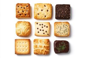 A variety of baked square cookies arranged in a grid pattern photo
