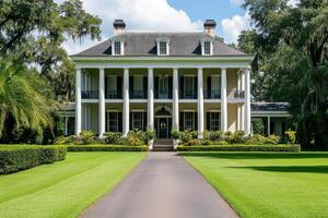 A grand, neoclassical mansion with columns and a manicured lawn photo