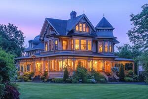 A beautifully illuminated Victorian-style house surrounded by lush greenery at twilight photo