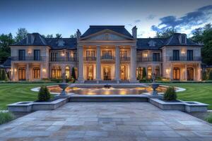 A grand mansion with elegant architecture and a beautifully landscaped garden at dusk photo