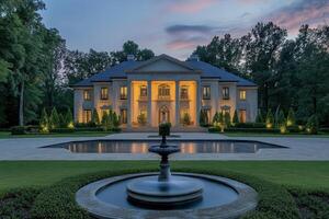 A grand mansion illuminated at dusk with a fountain and landscaped surroundings photo