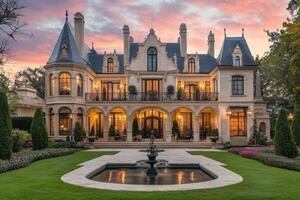 A grand mansion with elegant architecture, surrounded by a lush garden and a serene pond photo