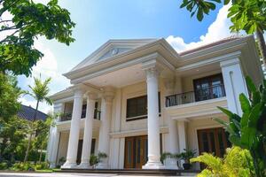 A grand, modern mansion with classical architectural elements and lush greenery photo