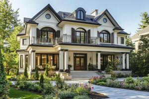 A grand, elegant house surrounded by lush gardens and landscaping photo