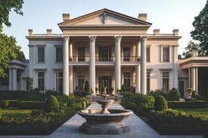 A grand mansion with classical architecture and landscaped gardens photo