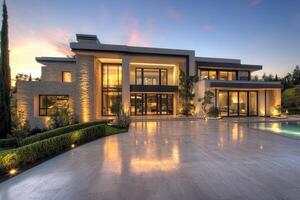 Modern house exterior at sunset with illuminated landscaping and pool photo