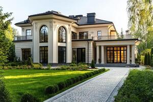 A luxurious modern house with a manicured garden and stone pathway photo