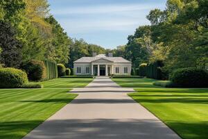 A serene pathway leading to a stylish house surrounded by well-maintained gardens photo