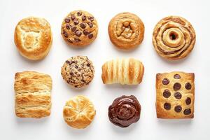A variety of baked goods arranged neatly on a white background photo