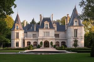 A grand mansion with turrets and landscaped gardens, reflecting elegance and luxury photo