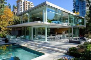 Modern glass house with a pool and landscaped garden in a serene environment photo