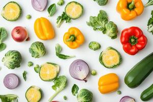 A colorful arrangement of various fresh vegetables on a white background photo