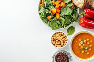 A healthy meal featuring salad, chickpeas, soup, and bread, promoting nutritious eating photo