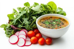 A bowl of soup with fresh vegetables, including greens, radishes, and tomatoes photo