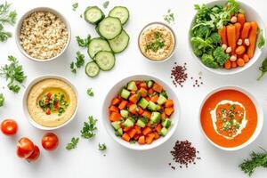 A vibrant spread of healthy dishes including salads, dips, and grains on a white background photo