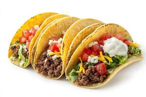 A close-up of four tacos filled with beef, lettuce, tomatoes, cheese, and sour cream photo