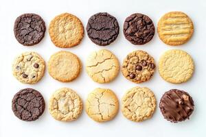 A variety of cookies arranged in a grid pattern on a white background photo