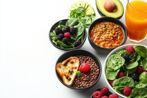 A colorful assortment of healthy foods including fruits, vegetables, and grains photo