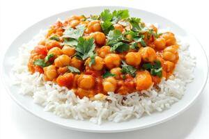 A plate of rice topped with chickpea curry and fresh cilantro photo