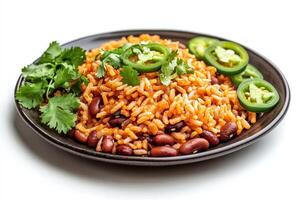 A plate of rice with beans, garnished with cilantro and jalapeos photo