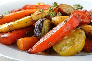 A colorful assortment of roasted vegetables arranged on a plate. photo