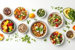 A vibrant assortment of healthy salads and fruits arranged artistically for a nutritious meal. photo