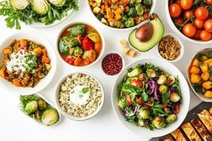 A colorful assortment of healthy dishes featuring salads, vegetables, and grains. photo