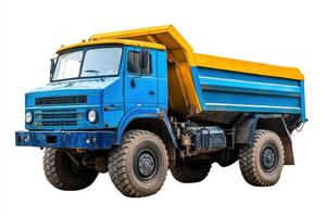 A blue dump truck with a yellow bed, designed for transporting materials. photo