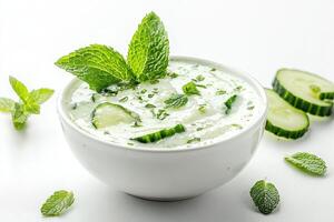 A bowl of refreshing cucumber yogurt salad garnished with mint leaves. photo