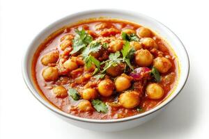 A bowl of spicy chickpea curry garnished with fresh cilantro. photo