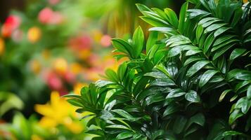 A close-up of vibrant green leaves with a blurred colorful background. photo