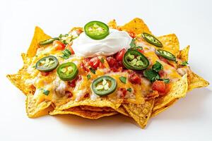A delicious plate of nachos topped with cheese, jalapenos, tomatoes, and sour cream. photo