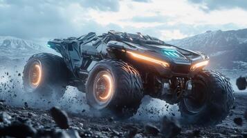 A futuristic off-road vehicle navigating a rugged landscape with dramatic lighting. photo
