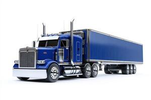 A large blue truck with a trailer designed for transporting goods. photo