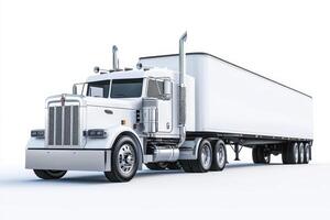 A large white truck with a trailer, designed for transporting goods. photo