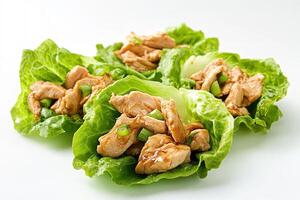A plate of lettuce wraps filled with chicken and garnished with green onions. photo