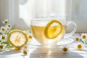 A refreshing cup of lemon tea surrounded by daisies, evoking a calm atmosphere. photo