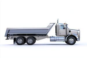 A side view of a silver dump truck designed for transporting materials. photo