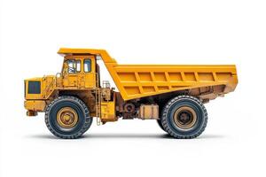 A side view of a yellow dump truck, commonly used in construction and mining. photo