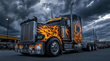 A striking custom truck with flame graphics and skull motifs, set against a dramatic sky. photo