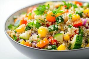 A vibrant quinoa salad filled with fresh vegetables and herbs. photo