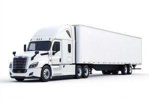 A white semi-truck with a large trailer, designed for transporting goods. photo