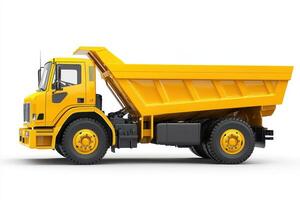 A yellow dump truck designed for transporting materials in construction and industrial sites. photo